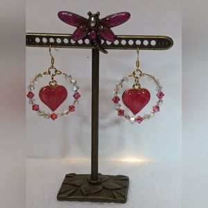 Earrings Pink Enameled Heart charm, clear and pink crystals on  gold-plate wires